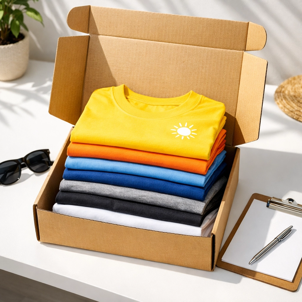 A box of folded custom summer camp t-shirts ready for fast delivery to camp staff.