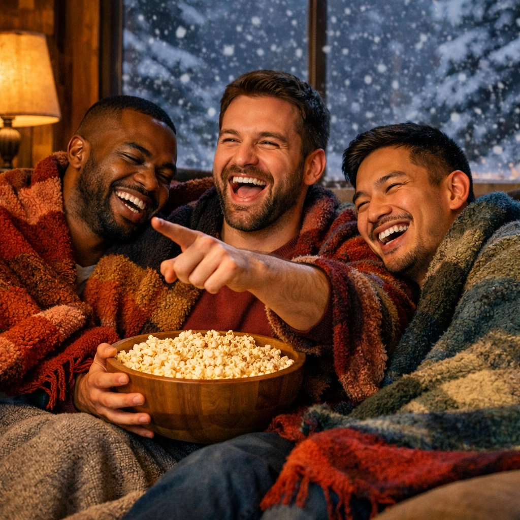 Diverse gay men laughing during a cozy LGBTQ+ movie marathon on a snowy day.