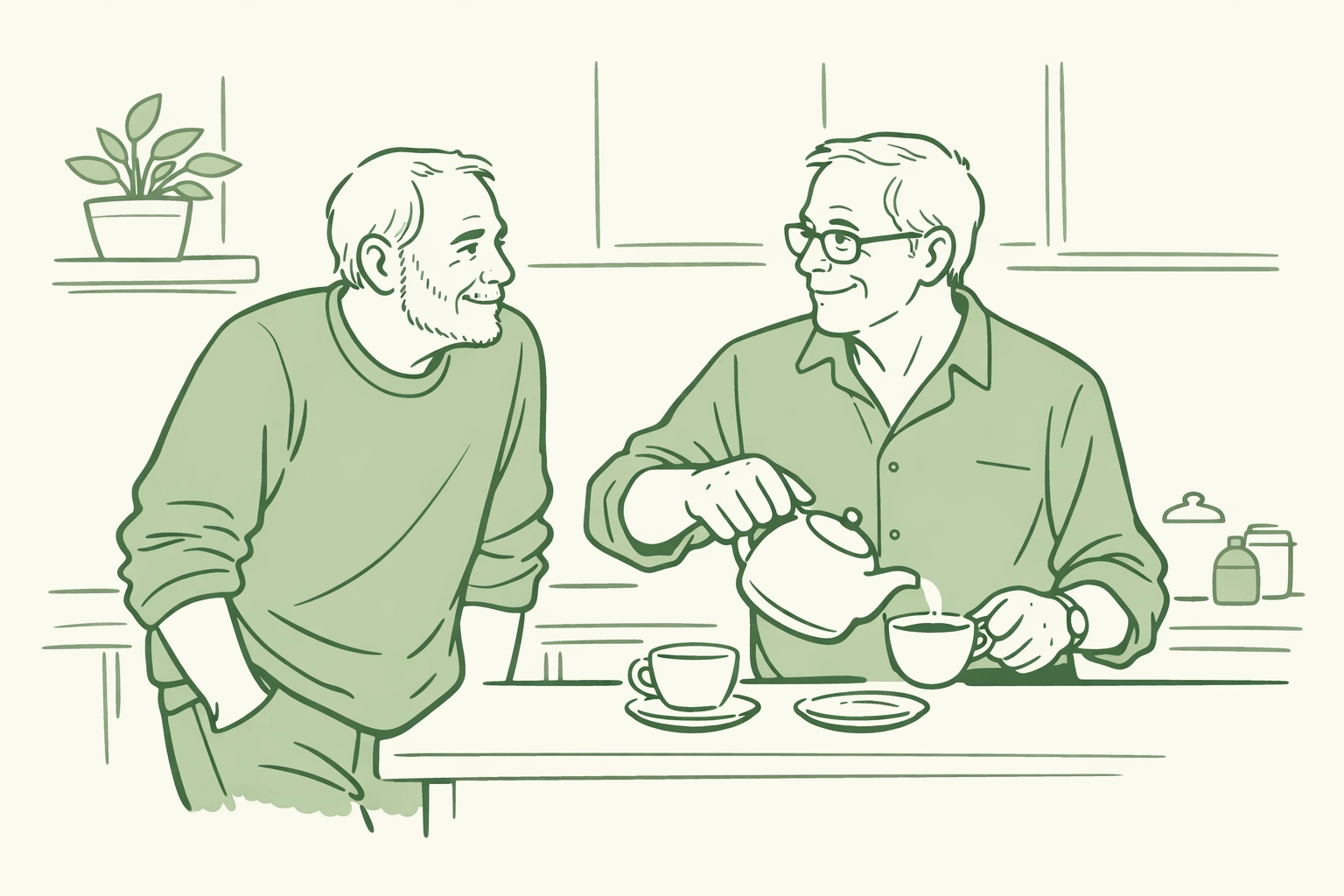 Hand-drawn illustration of an older male couple in a kitchen, showing that queer identity is permanent and valid.