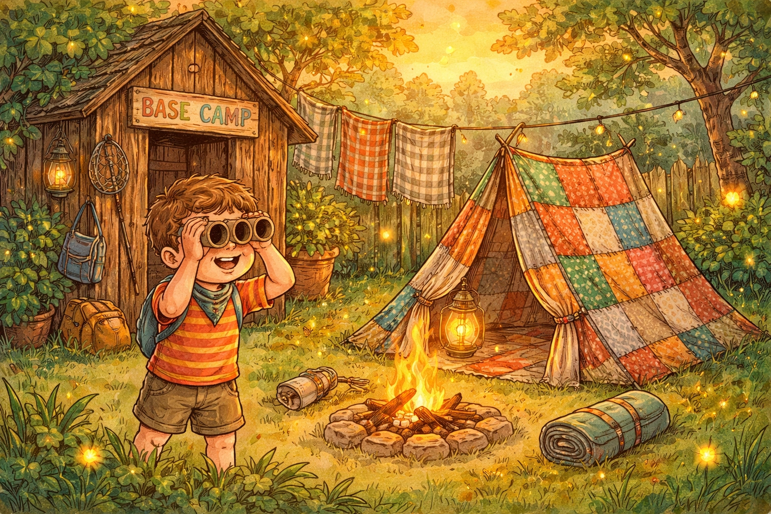 A child in a storybook backyard peers through homemade binoculars near a colorful tent, capturing a camping adventure vibe.