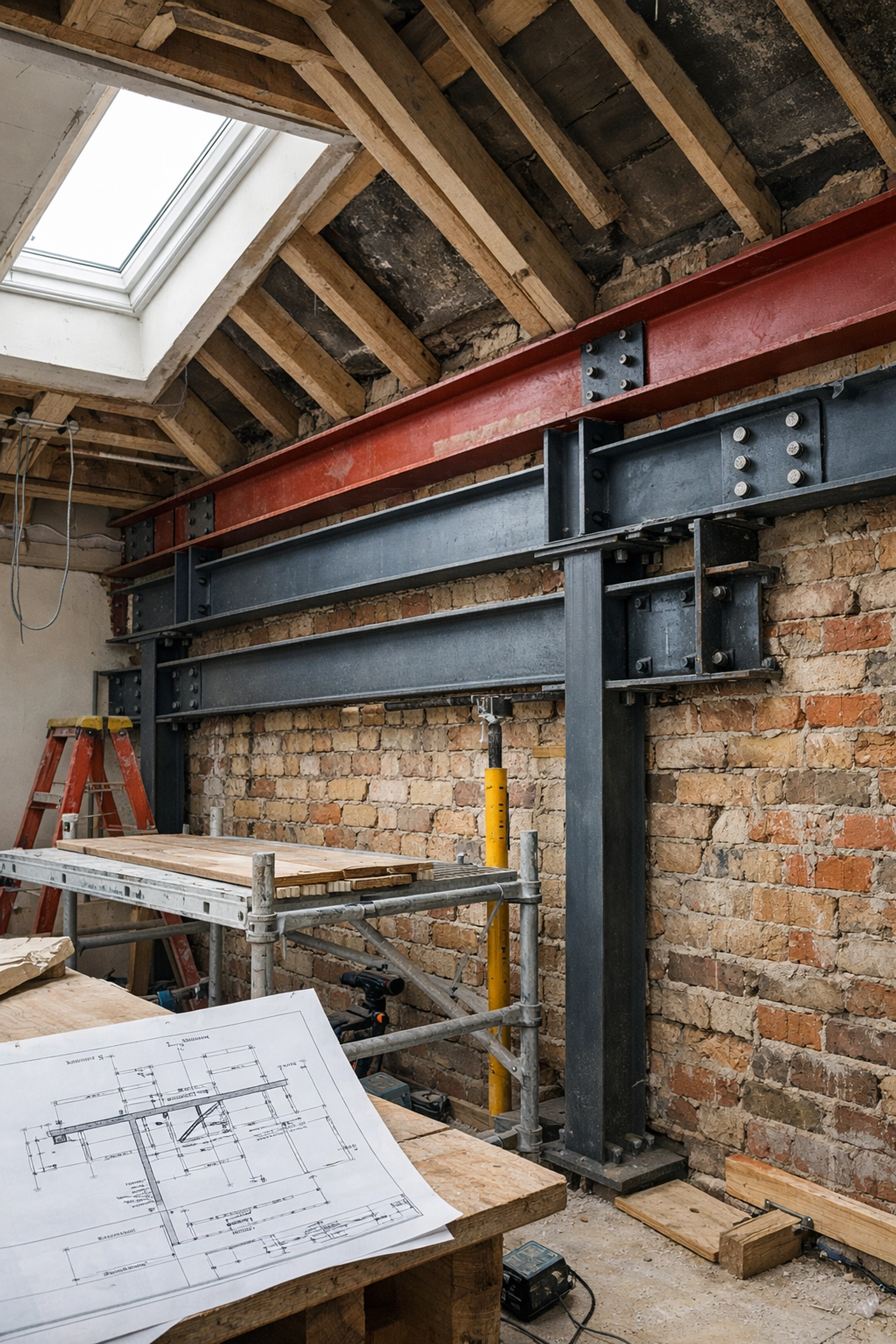 Loft conversion construction showing steel beams installed against shared party wall