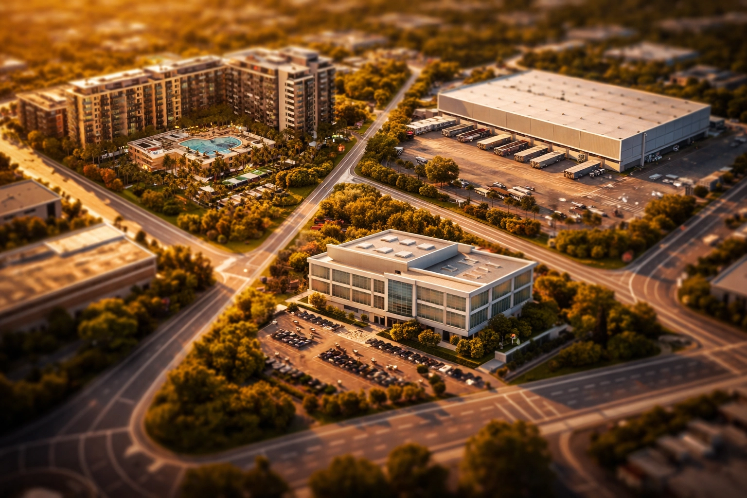 Aerial view of a diverse real estate portfolio including apartments, warehouses, and medical offices for wealth management.