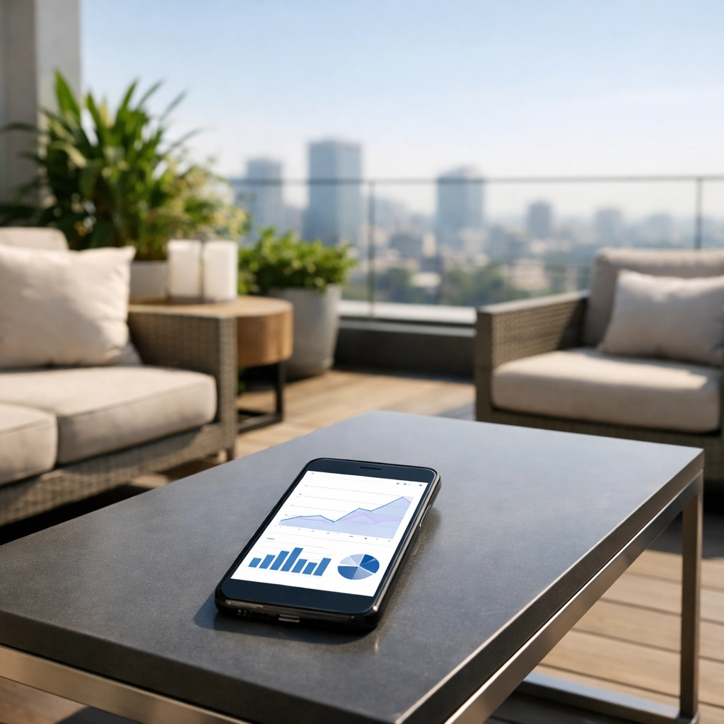 Hotel manager working remotely from rooftop terrace using mobile technology
