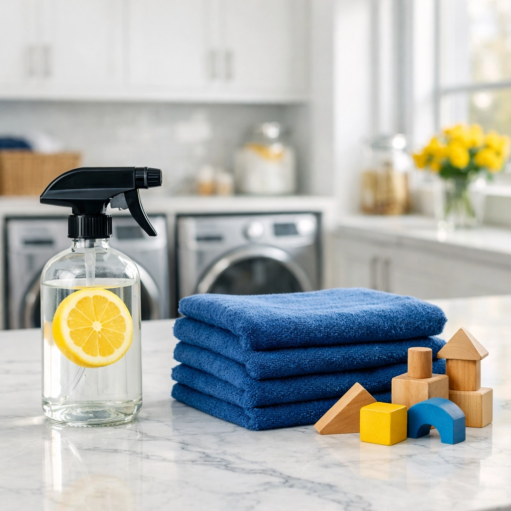 Natural vinegar spray and cloths for toy sanitizing during a weekly house cleaning routine.