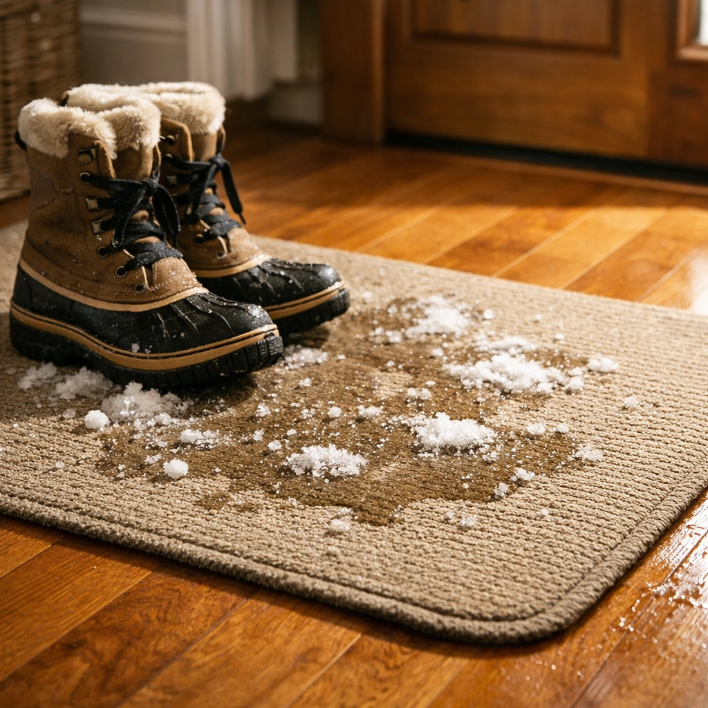 Floor mat protecting Chicago hardwood floor from winter snow, salt, and moisture damage at entryway