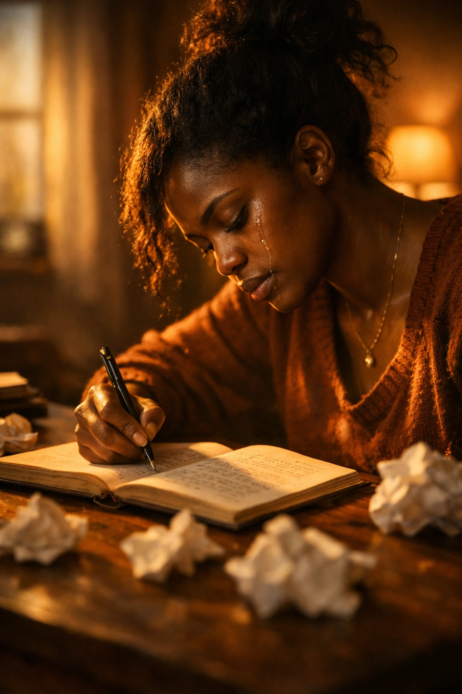 Woman writing spoken word poetry in journal during emotional reflection and healing process