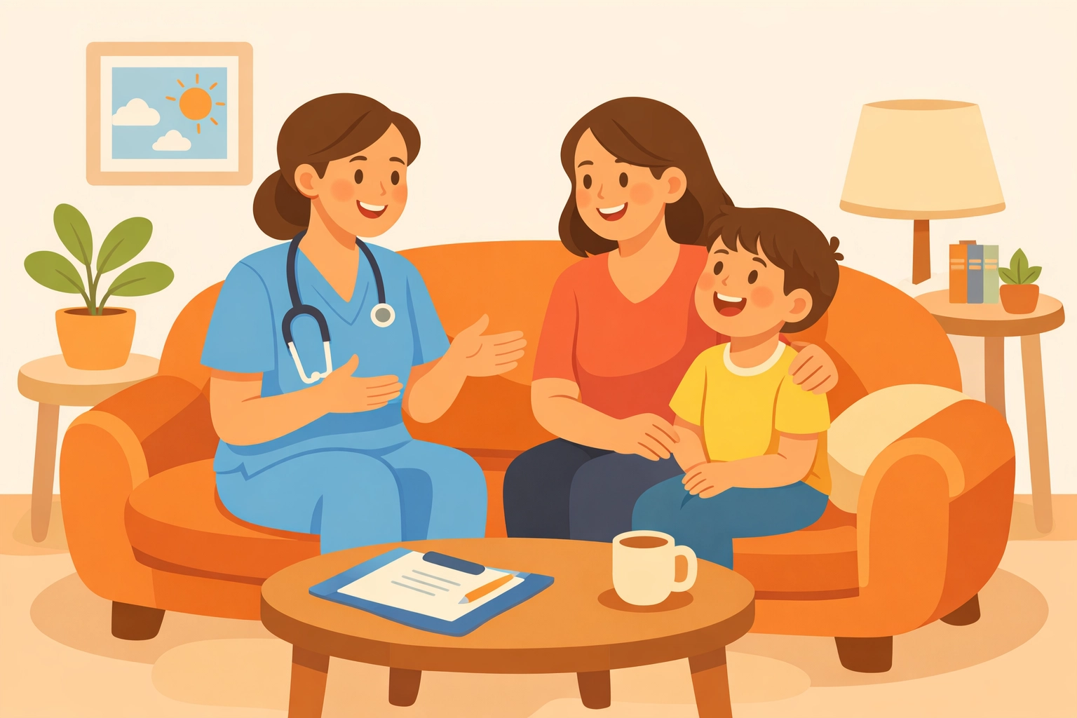 Pediatric nurse interacting with a mother and child in their Georgia home for professional care.