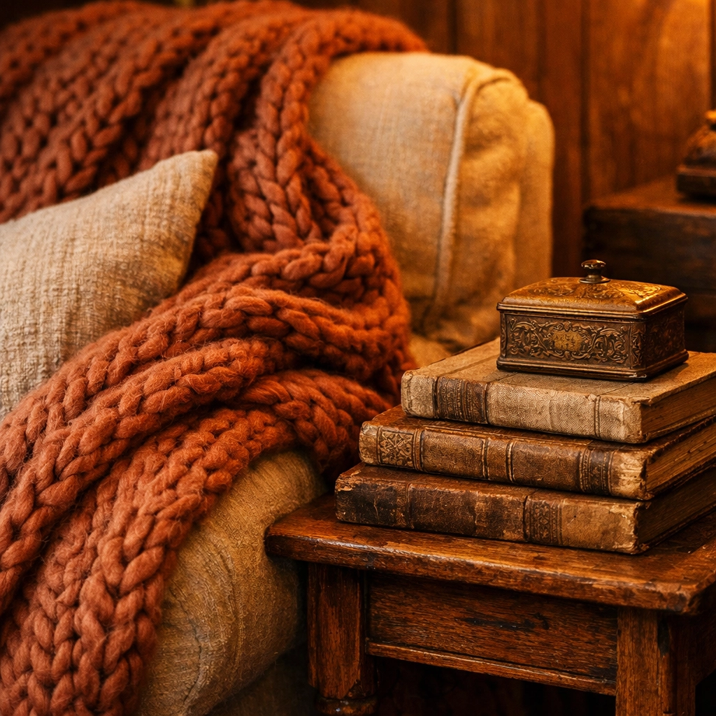 Cozy armchair with a handcrafted throw and vintage books, adding layered textures to an artisan home.