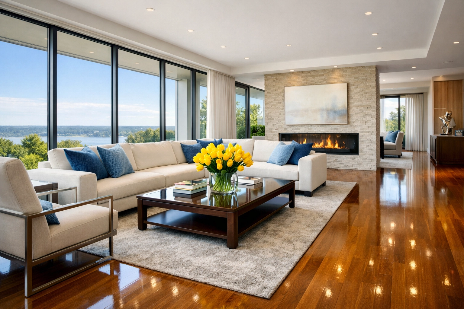A clean and organized modern living room reflecting the results of professional cleaning services.