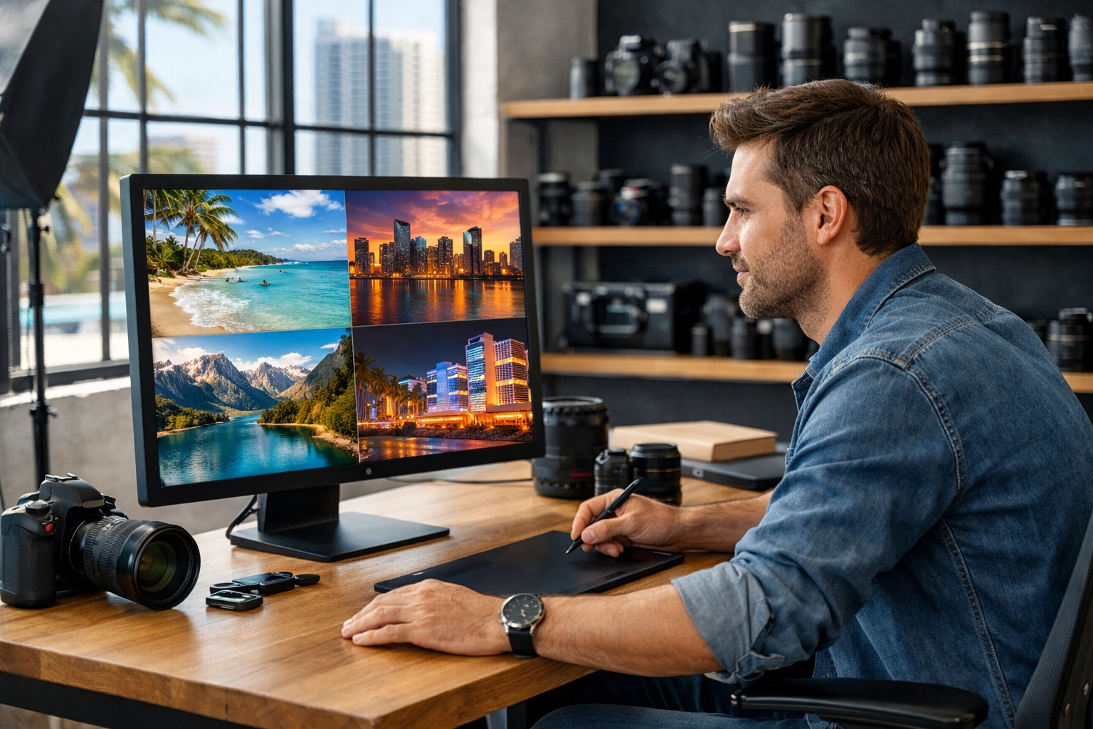 The Ultimate Guide to Proshoot.io: Everything You Need to Succeed as a Freelance Photographer 1 Professional photographer reviewing landscape photos in a Miami studio, demonstrating high-quality visual expertise.