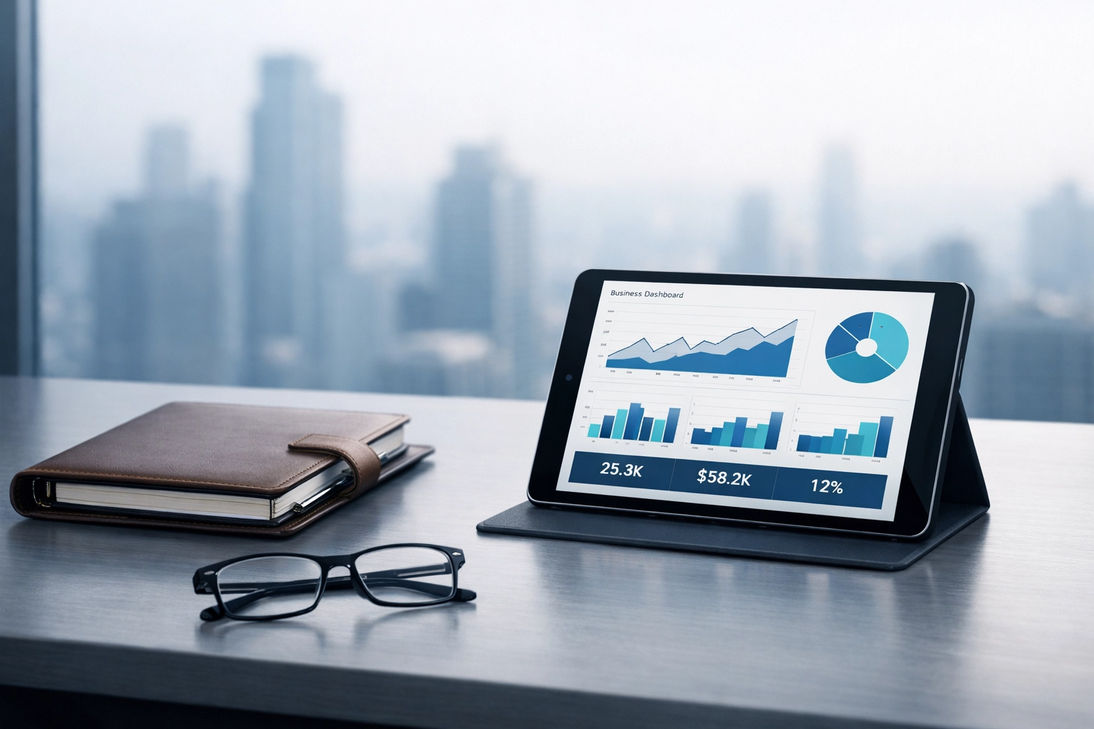 Professional office desk with business dashboard representing efficient management of an Alabama cleaning company.