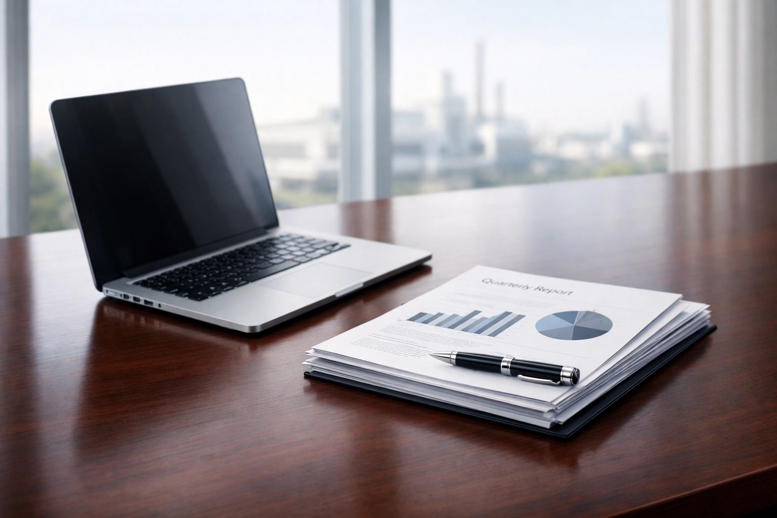 Professional business valuation reports on a boardroom table overlooking a Mississippi manufacturing plant.