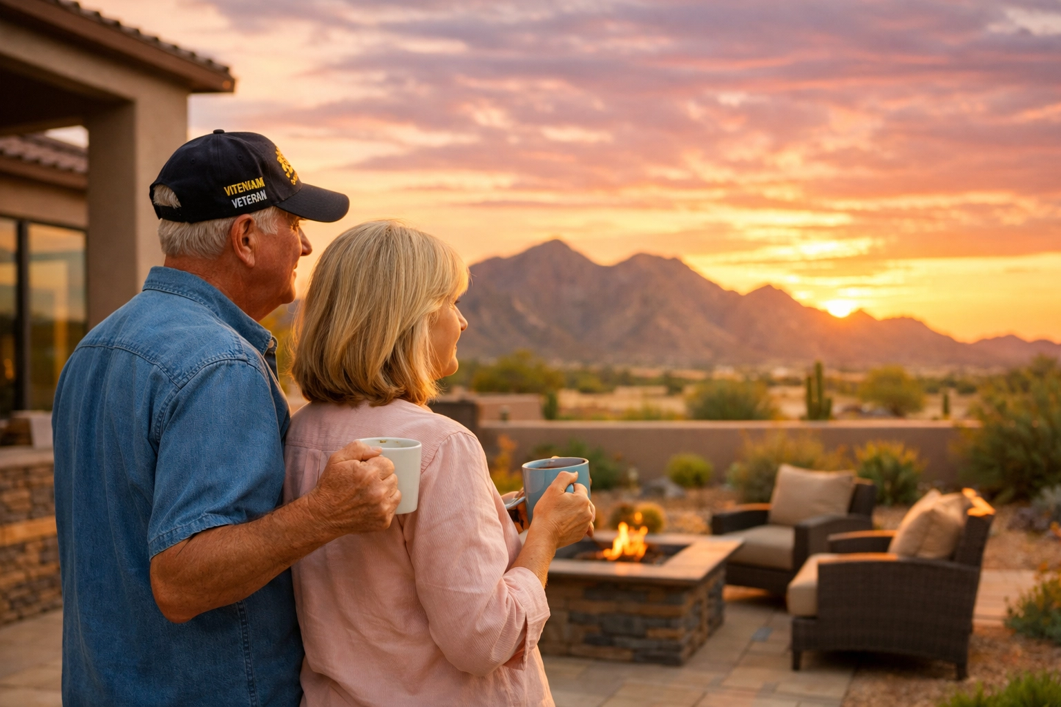 Retired military veteran couple enjoying mountain views from their Buckeye AZ home patio during the spring rebound. Retired military veteran couple enjoying mountain views from their Buckeye AZ home patio during the spring rebound.