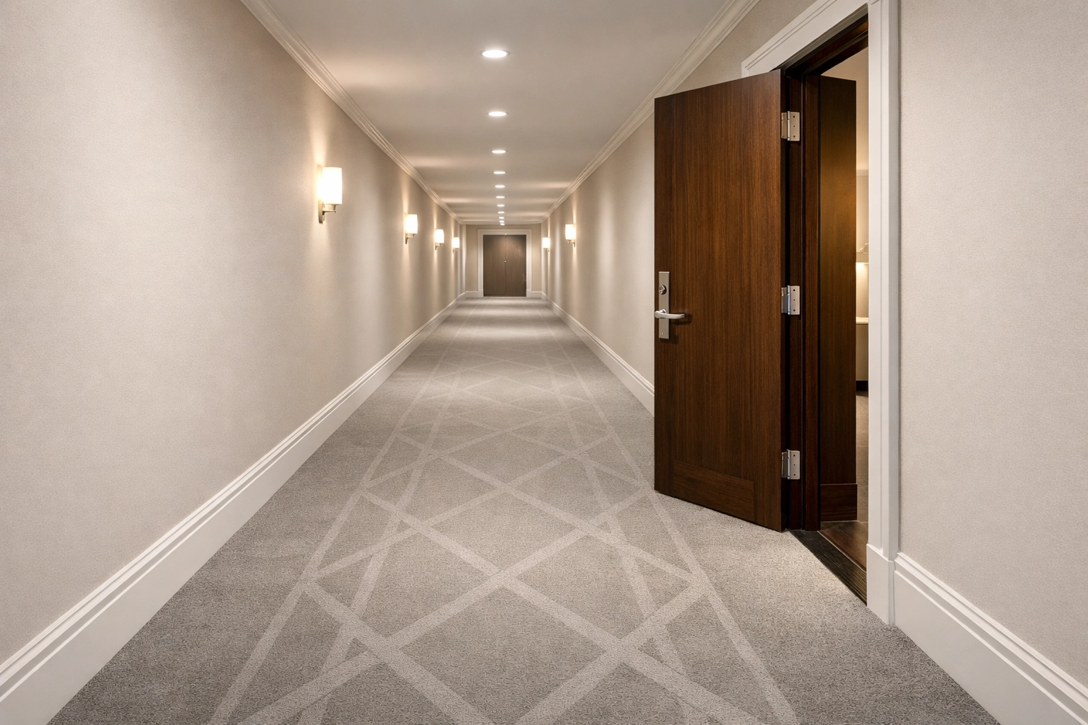 Clean multifamily building hallway in Chicago with professional vacuum carpet lines.
