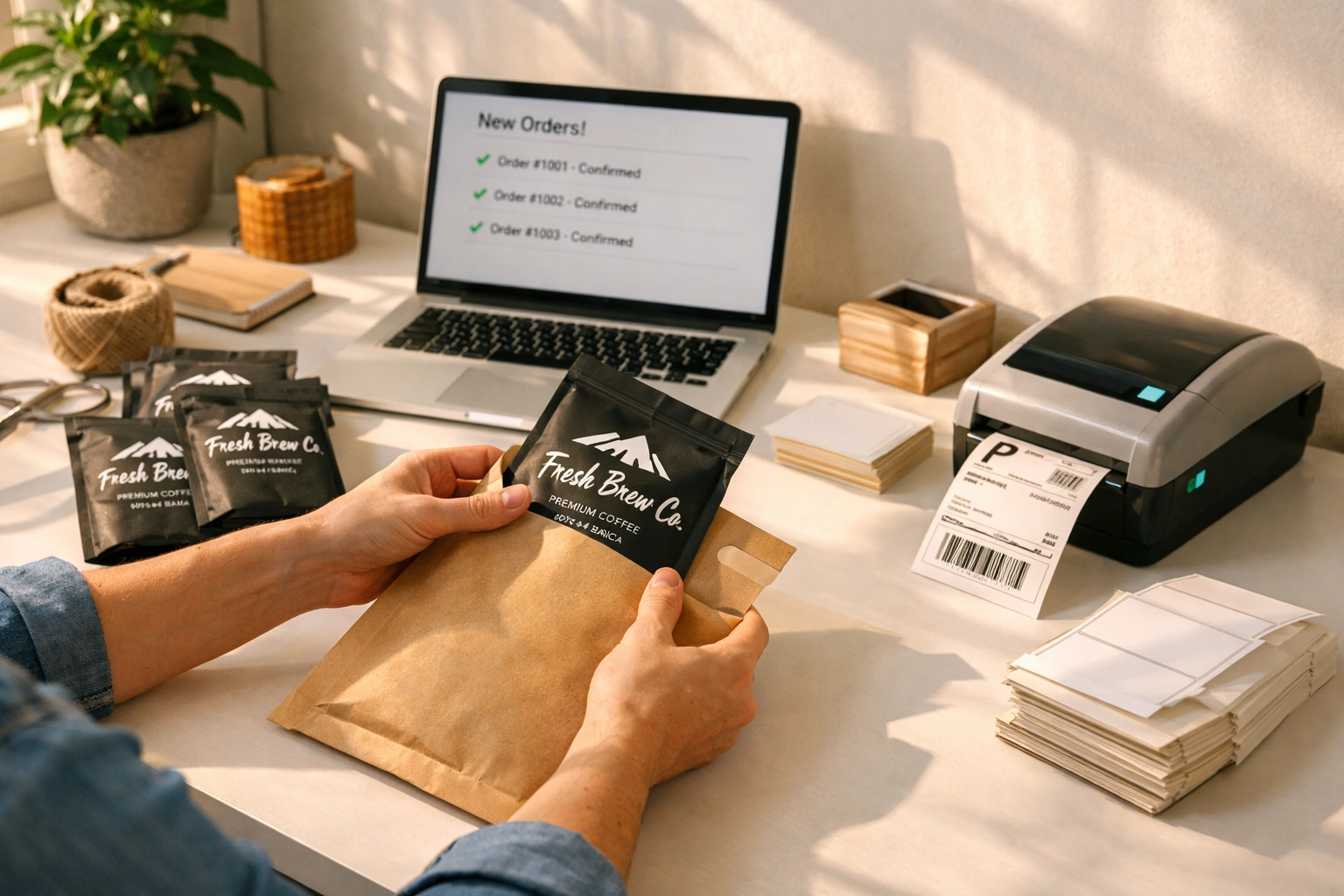 Small business owner packing coffee dropshipping orders at home office desk