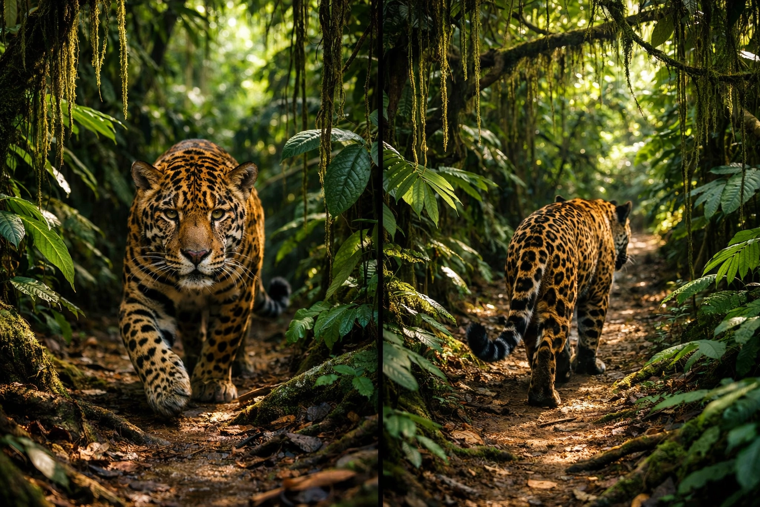 Jaguar moving through Central American rainforest corridor habitat