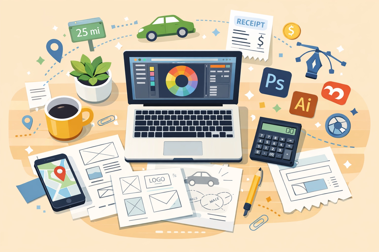 Home office workspace showing tax deductible expenses for self-employed workers