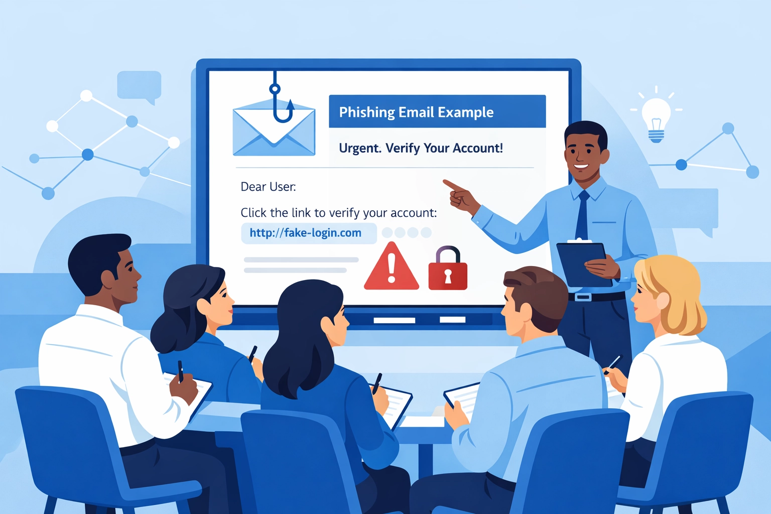 Employees learning cybersecurity best practices in training session