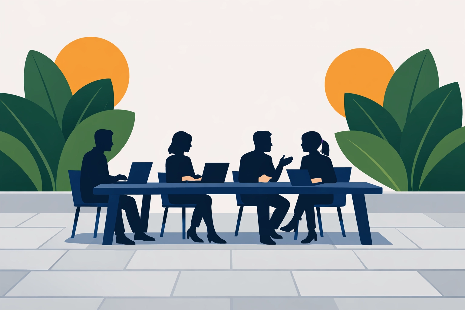 Modern outdoor workspace with greenery designed to boost employee productivity and well-being.