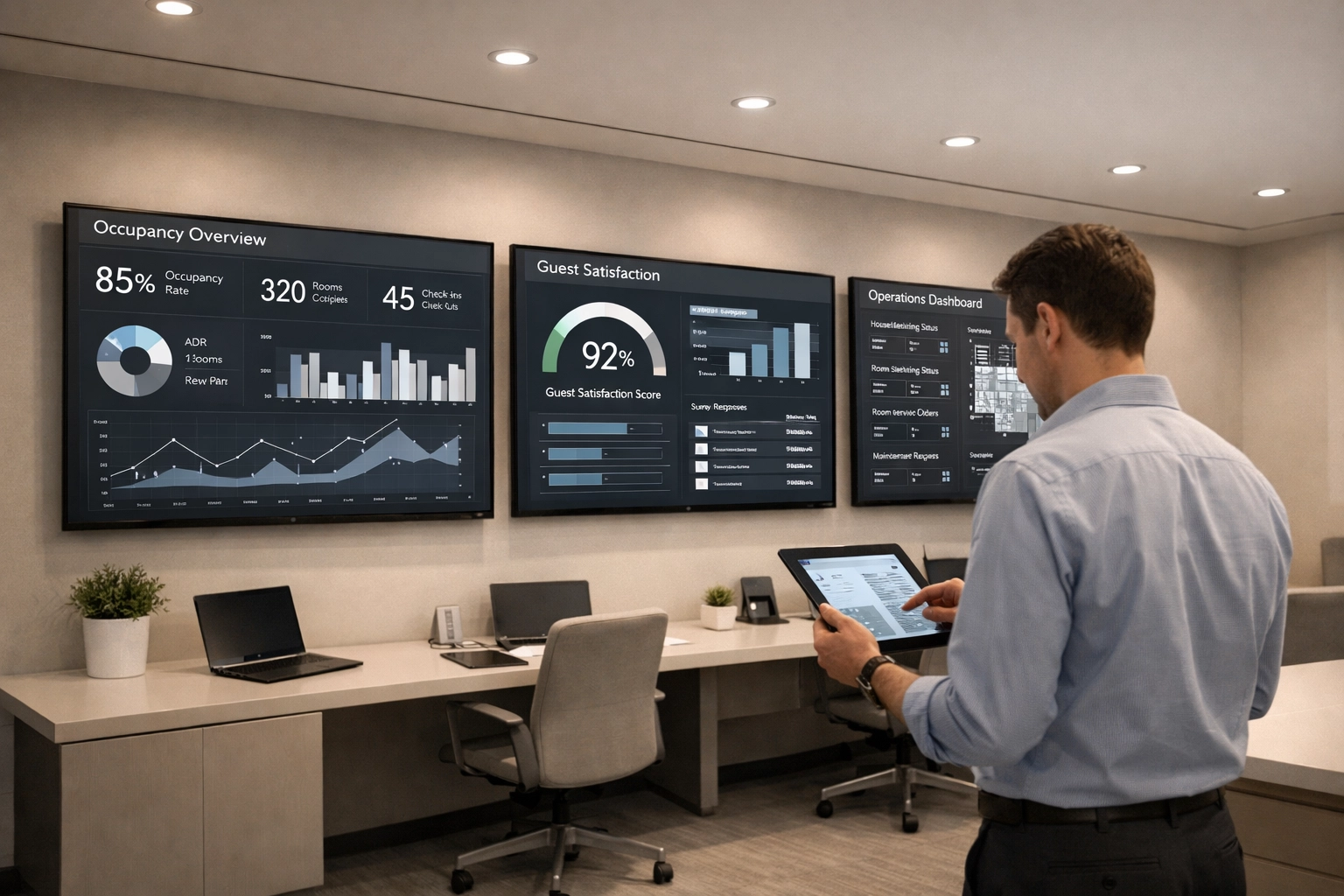 Hotel operations center displaying real-time analytics and performance data across properties