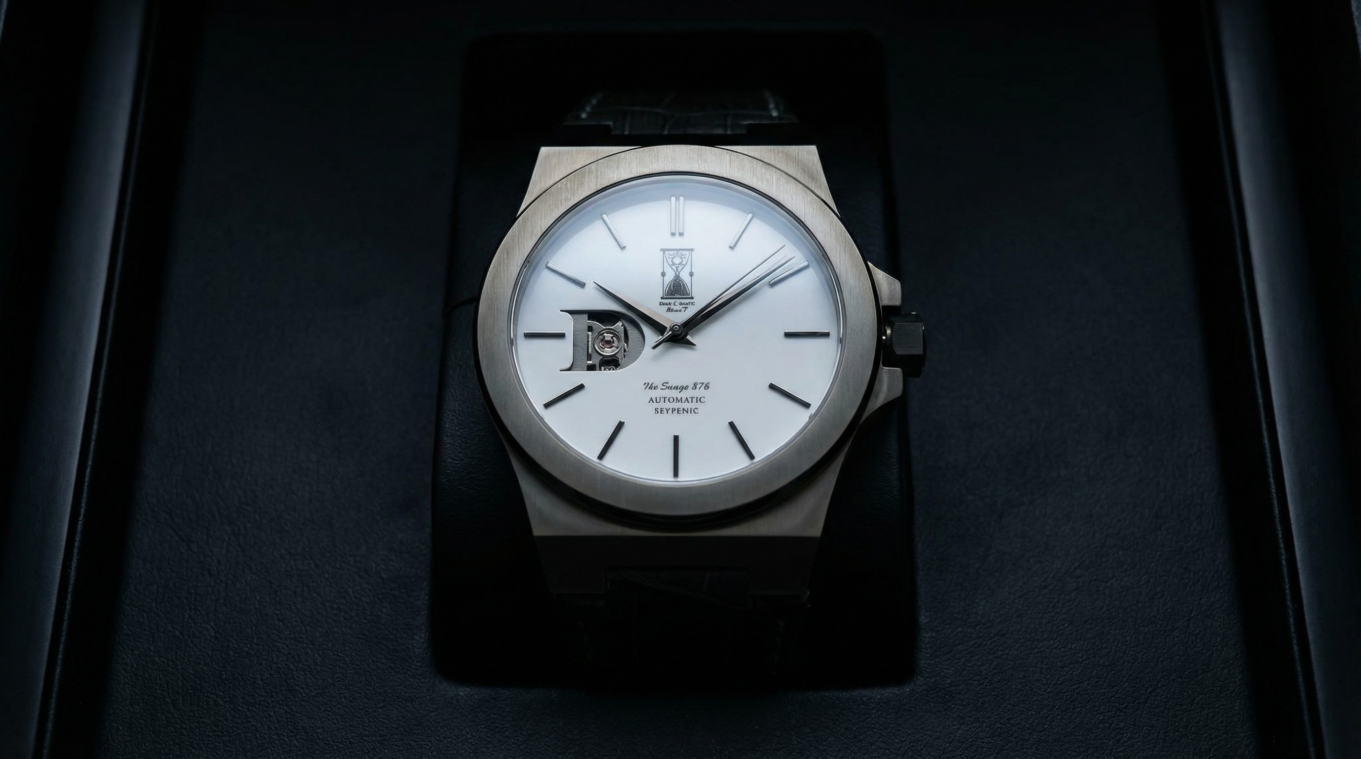 Brushed stainless steel case with sapphire crystal and minimalist white dial