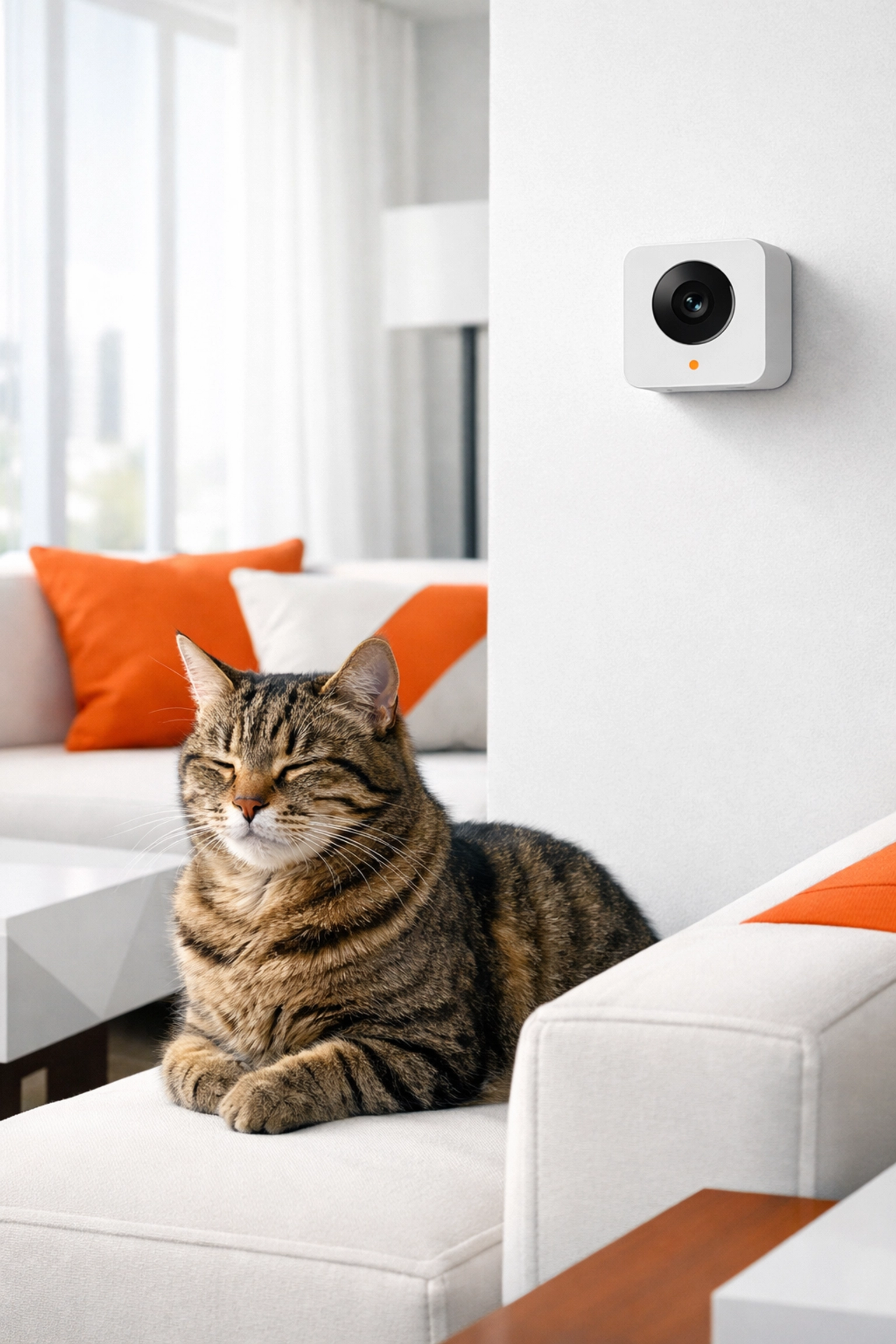 Tabby cat in modern living room with AI-powered monitoring camera for smart pet care