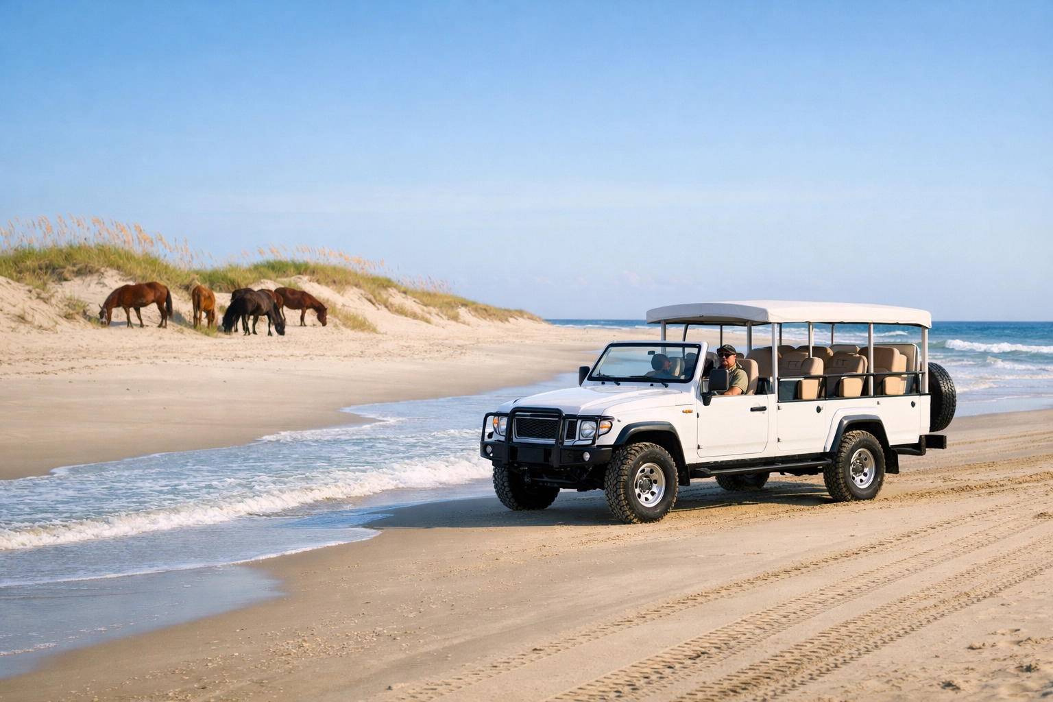 Luxury 4x4 guest shuttle driving on the Outer Banks beach with wild horses in the background dunes.