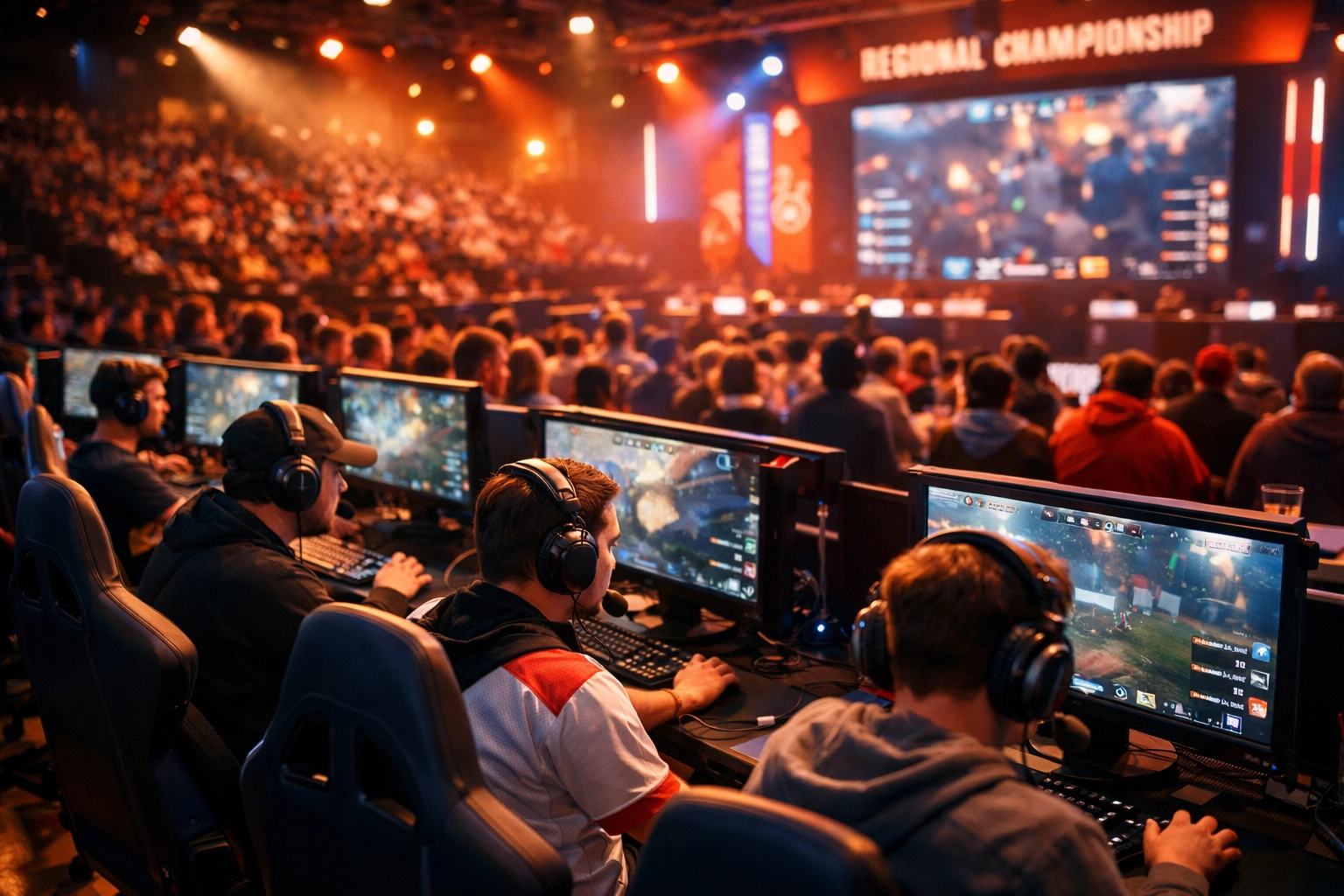 Regional esports tournament arena with players competing at gaming stations and engaged spectators