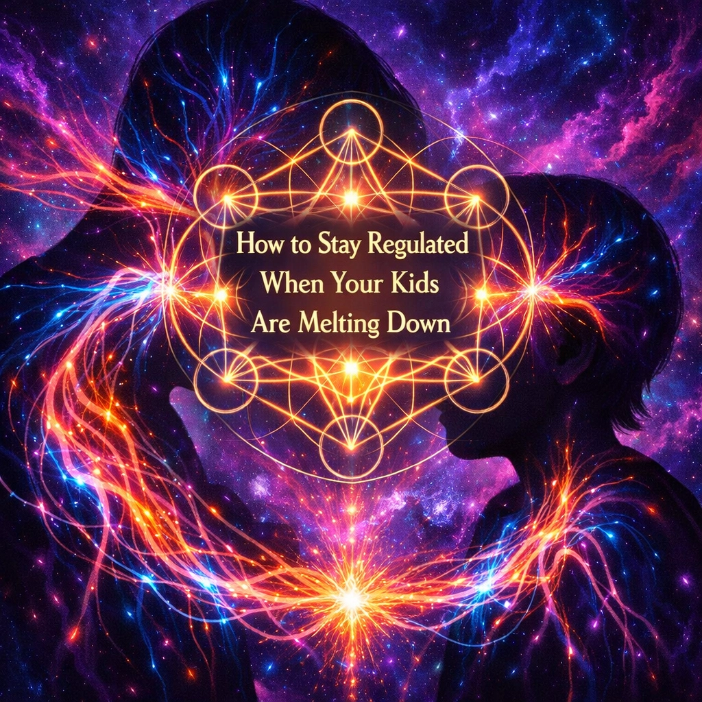 Parent and child connected by sacred geometry patterns illustrating nervous system regulation and connection.