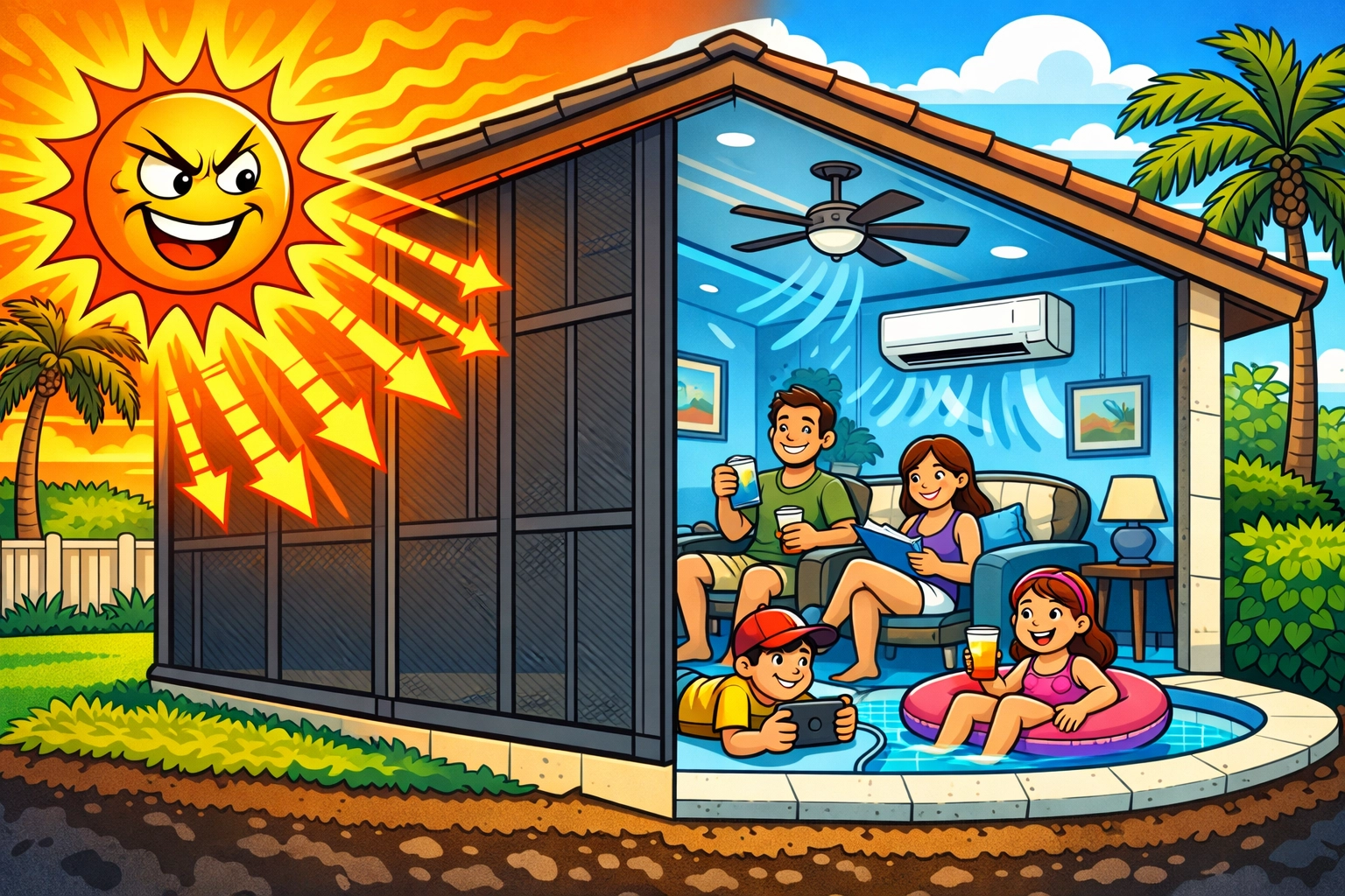 Aluminum screen room creating a thermal barrier to shade a Florida home and lower energy bills.