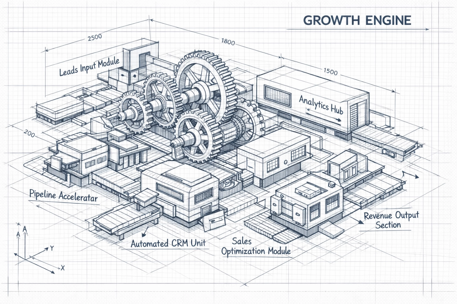 Blueprint of a sales growth engine illustrating automated B2B lead generation services and tools.