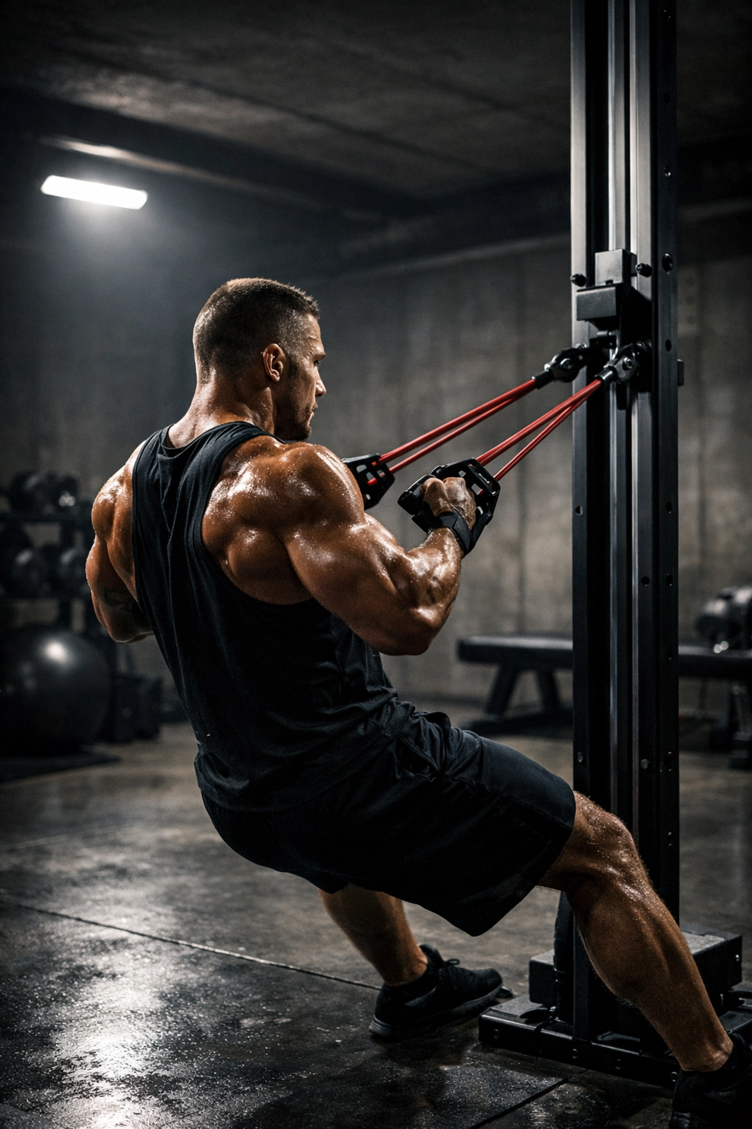Athlete performing explosive resistance training rows on a versatile home gym rail system in a garage.