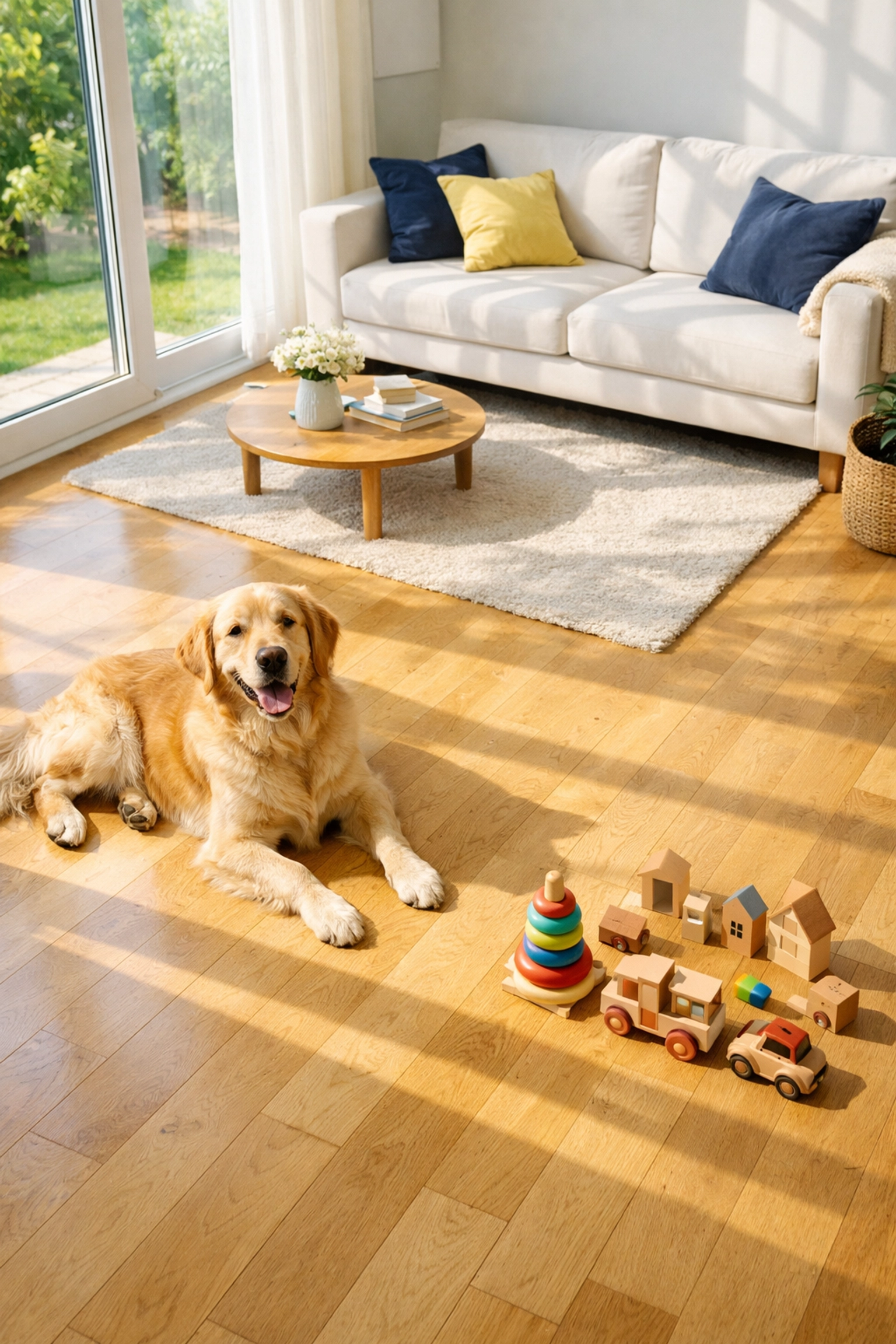 Pet-safe house cleaning in a sun-lit Shrewsbury living room with clean hardwood floors.