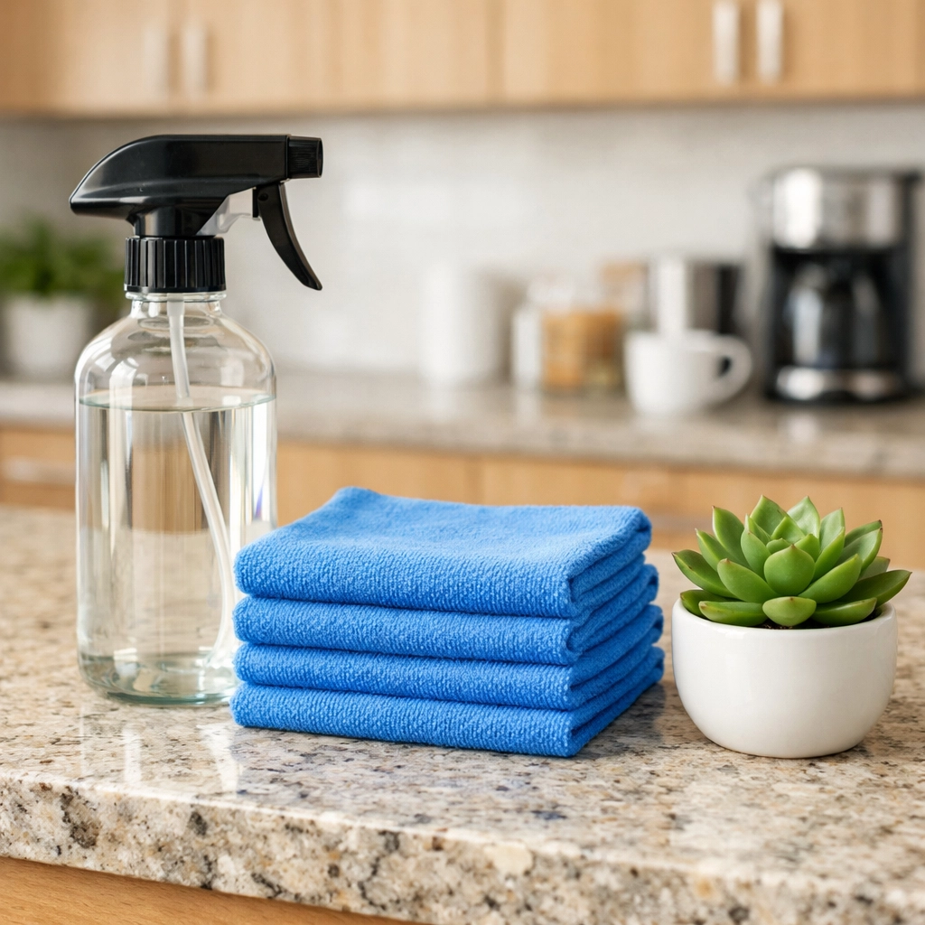 Eco-friendly office cleaning supplies on a clean countertop for sustainable commercial cleaning in Wayland.
