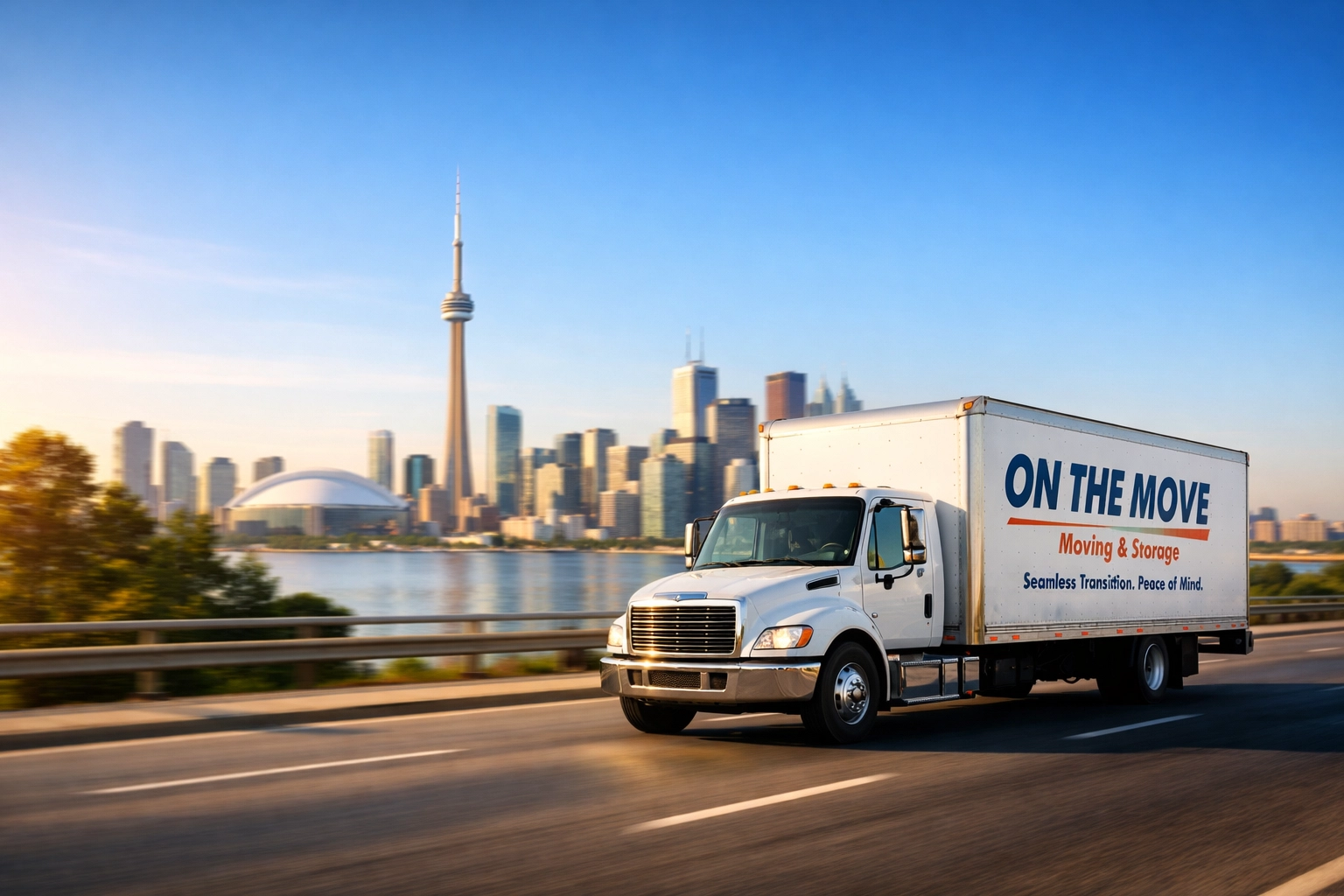 On The Move white moving truck driving in Toronto with the city skyline in the background.