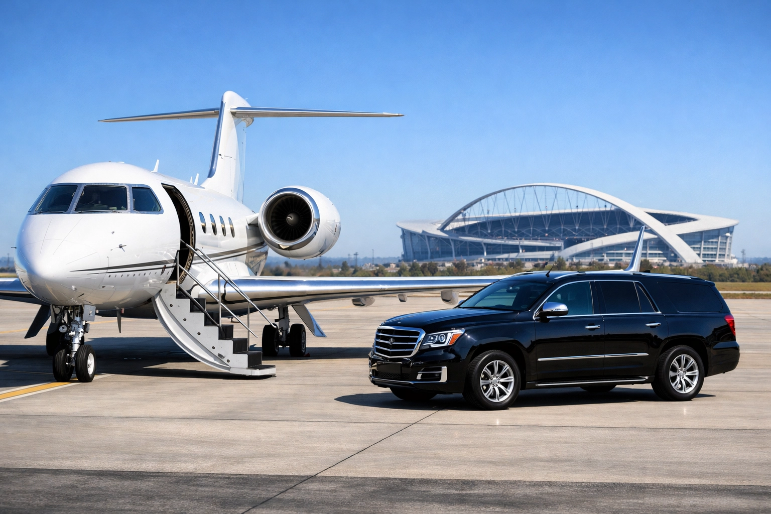 The Ultimate Guide to Super Bowl Sports Marketing: Everything You Need to Succeed Private jet and luxury SUV providing corporate travel logistics for major sporting events like the Super Bowl.