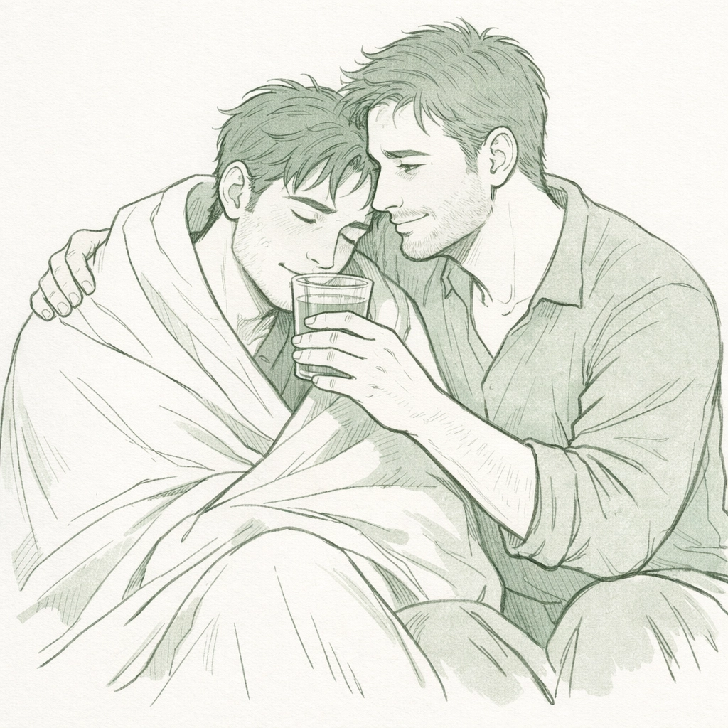 Two men in tender aftercare moment, wrapped in blanket showing post-scene vulnerability