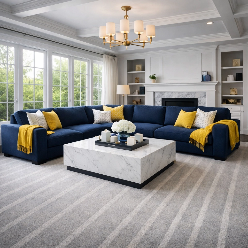 Pristine modern living room featuring clean carpets with vacuum lines for a spotless home.