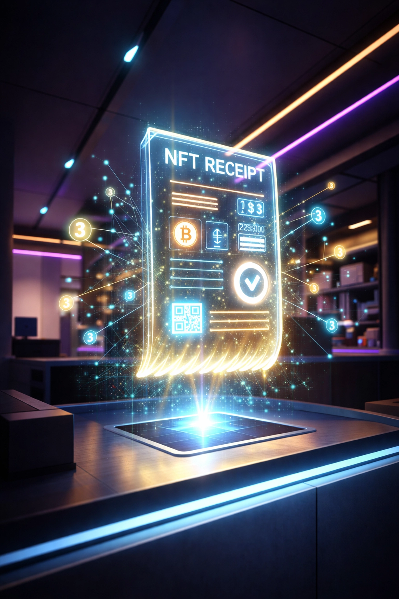 Futuristic store counter displaying a holographic NFT receipt, symbolizing Larecoin NFT receipt benefits for small business crypto payments