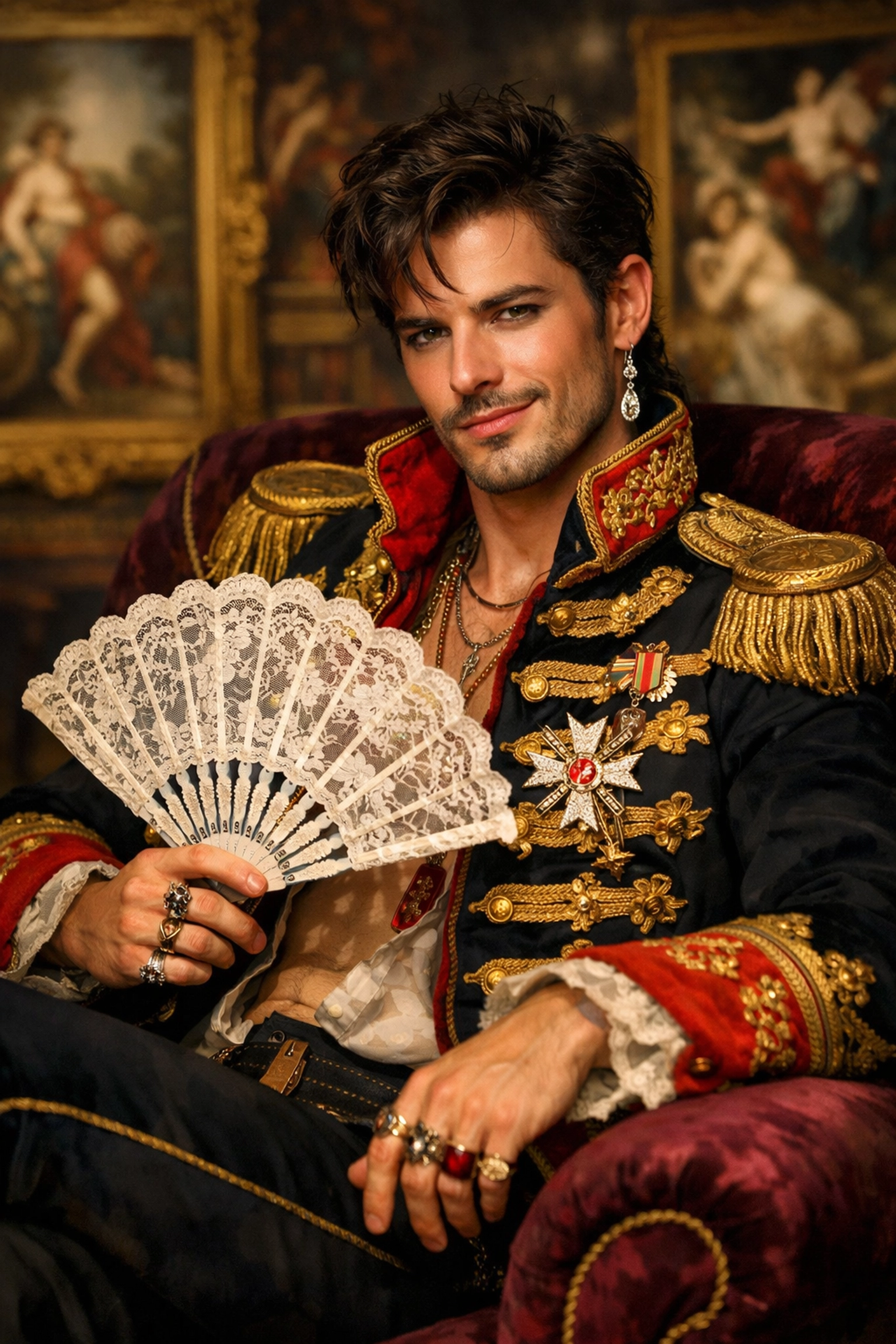 A defiant nobleman in imperial military dress with a lace fan, a figure of gay historical romance.