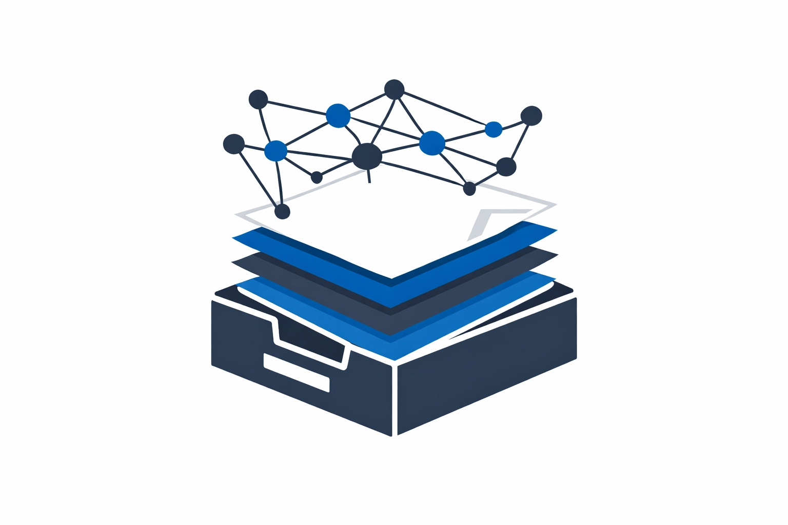 Minimalist vector of layered documents in a digital filing system, connected by a neural-like network, representing AI persistent memory and contextual workspaces.