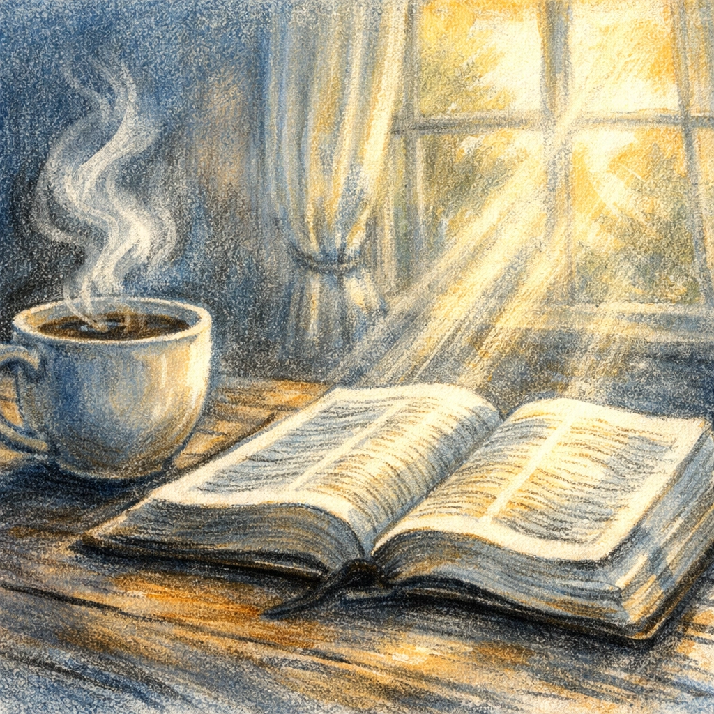 Morning coffee and open Bible with sunlight - starting the day with God in prayer
