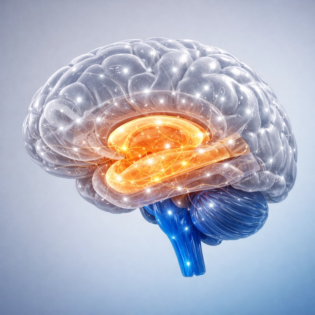 Anatomical brain illustration showing survival brain, emotional brain, and thinking brain regions for trauma response
