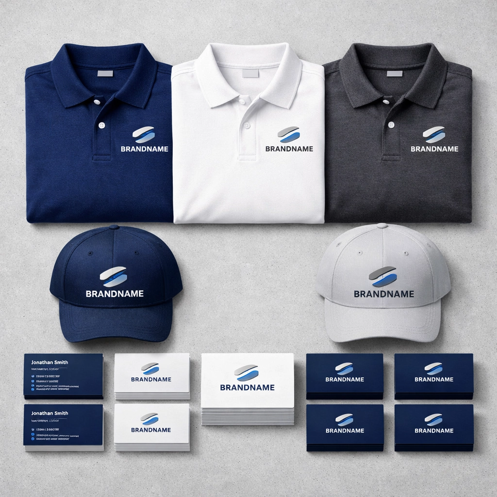 Custom business startup branding kit with embroidered shirts, hats, and business cards.