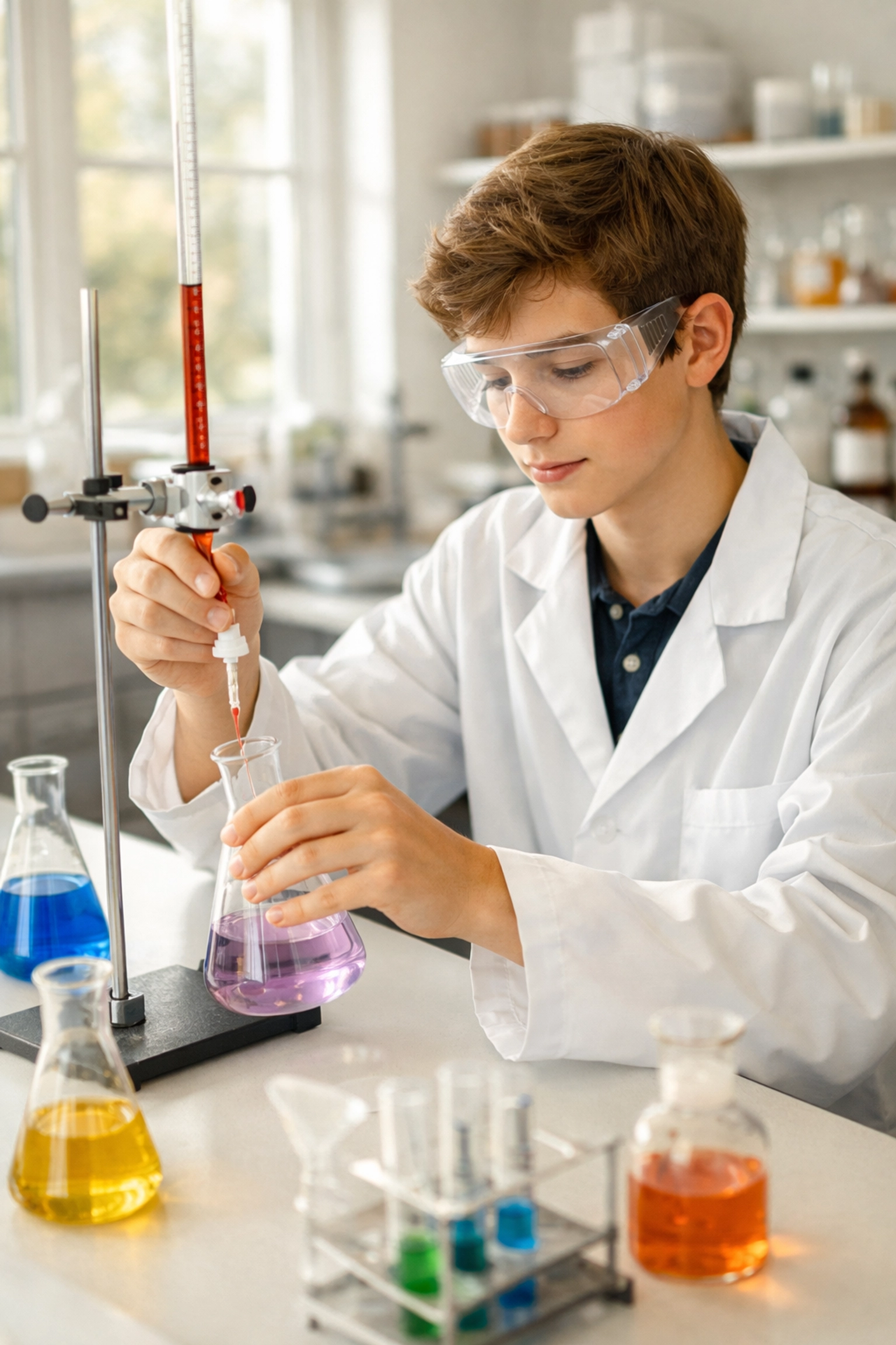 Student conducting A-Level Chemistry titration practical in certified laboratory