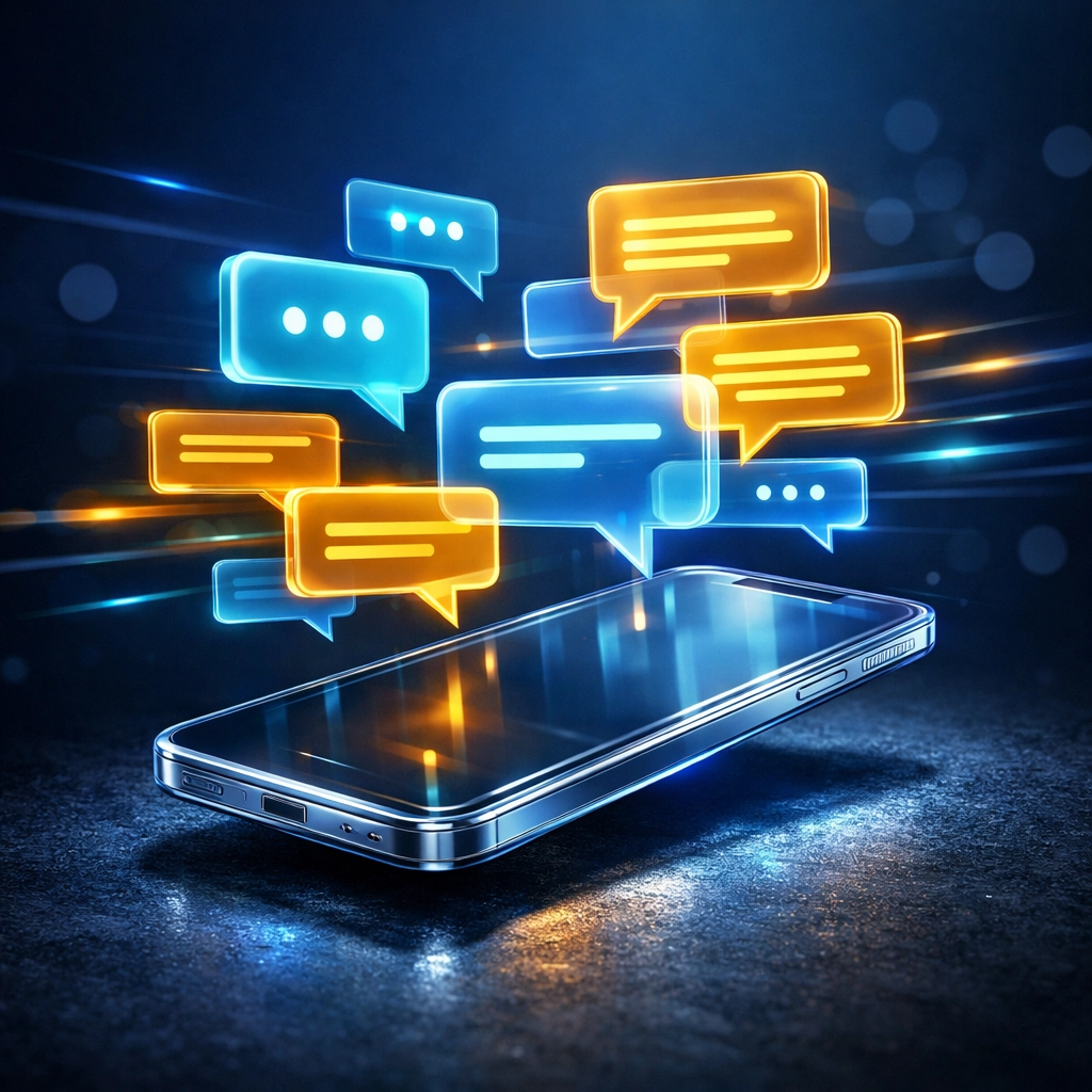 Digital communication icons showing active customer engagement and review responses for local SEO.