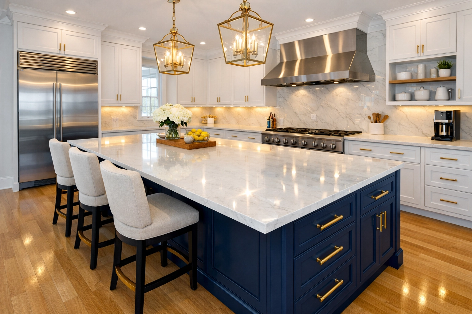 Sparkling clean luxury kitchen with a blue island and marble counters after house cleaning Athol MA.