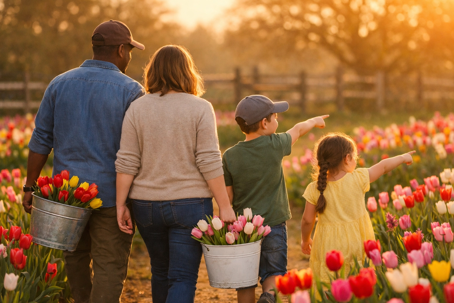 Family walking through tulip fields at Vineyard Farm carrying buckets of flowers