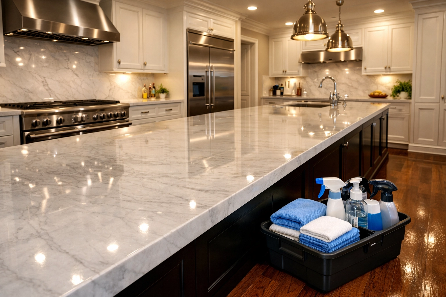 Deep kitchen cleaning services near me featuring spotless white marble countertops and professional gear.