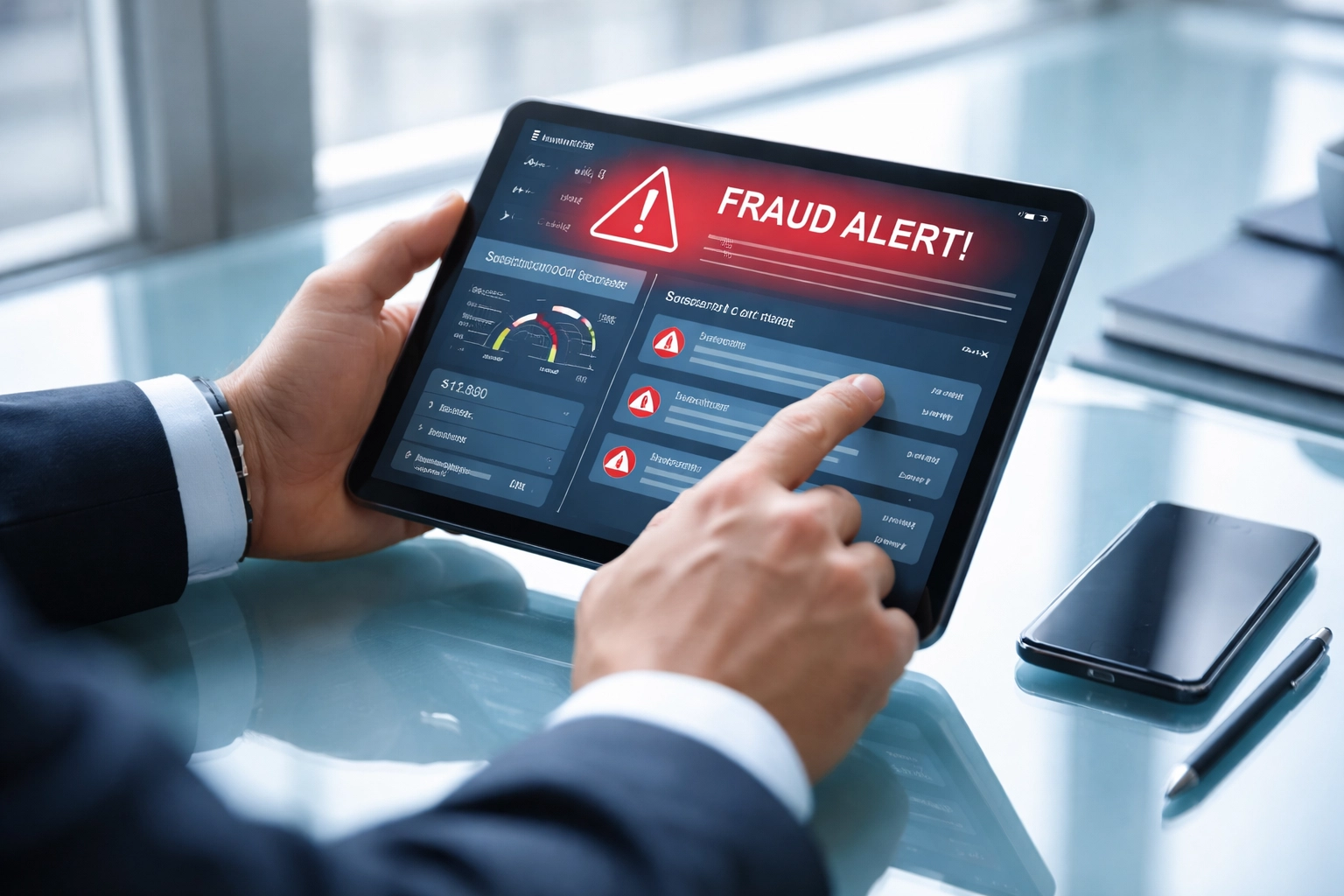 Businessman analyzing fraud alerts and metrics on a tablet, emphasizing high risk account fraud prevention strategies